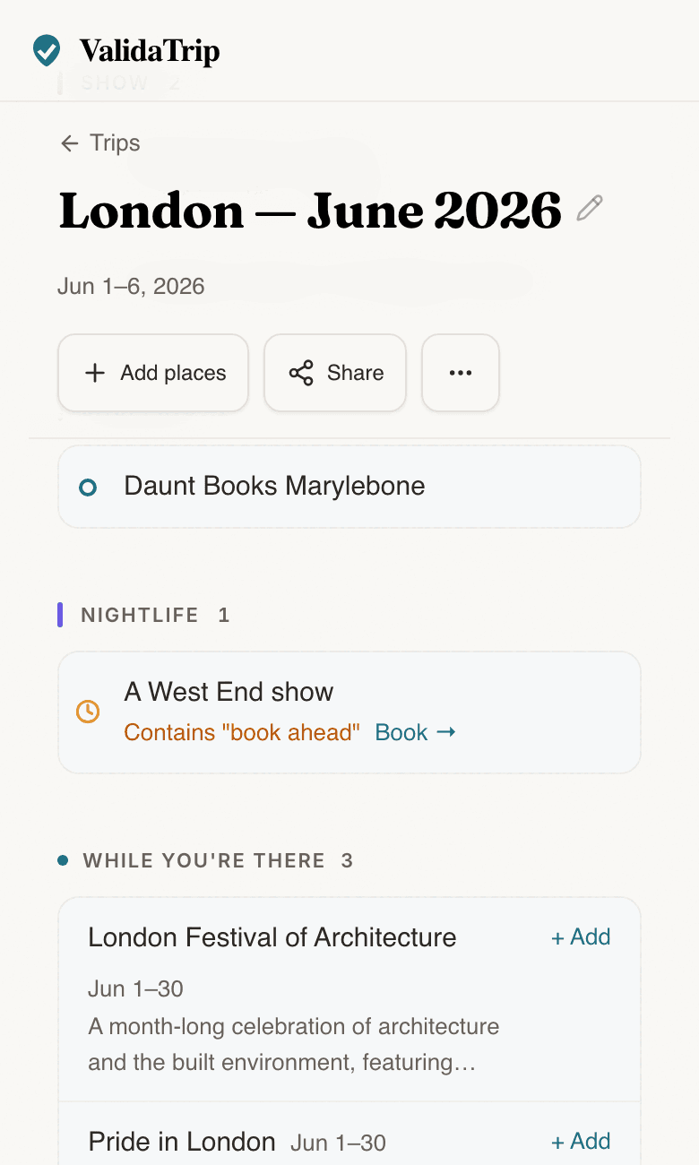 Tripnostic suggestions panel showing events that overlap the trip dates.