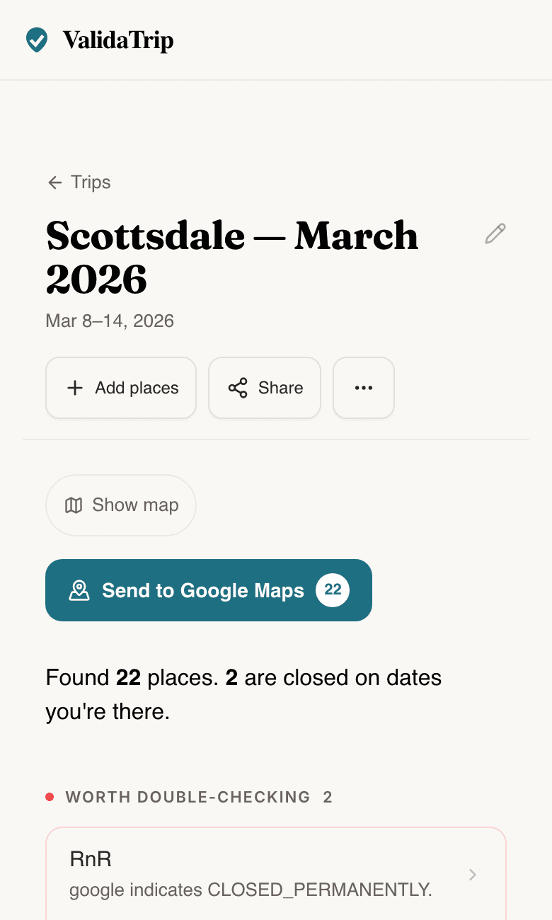 Tripnostic review screen showing closure flags for places that are not open during the trip dates.