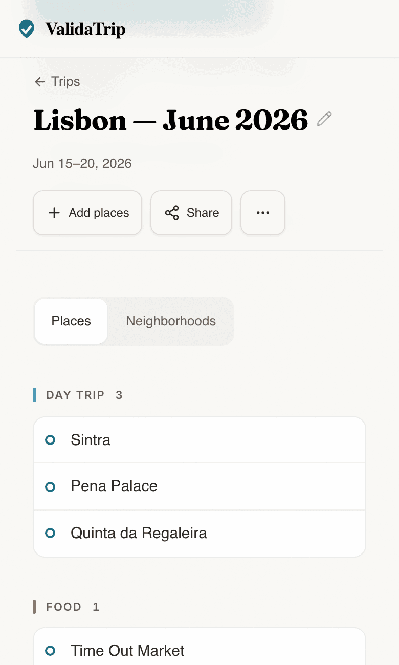 Tripnostic places tab showing recommendations organized into clean groups by type, such as Day Trip and Food.