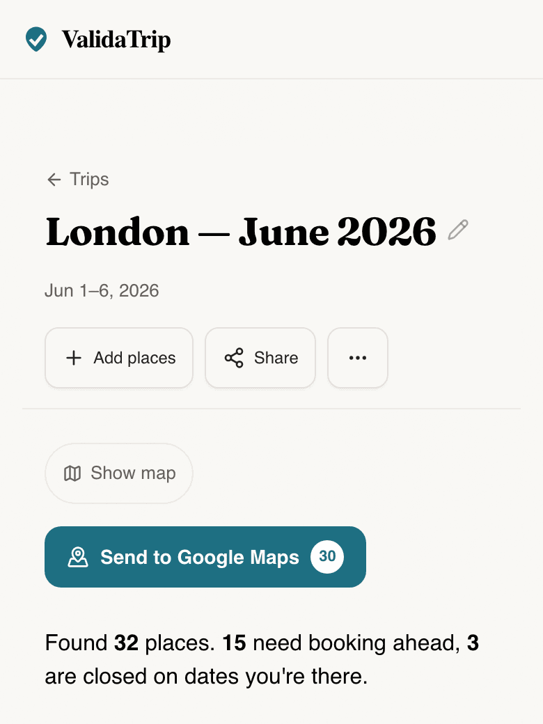 Tripnostic review screen showing trip-date validation, booking-ahead flags, and a checked places list.