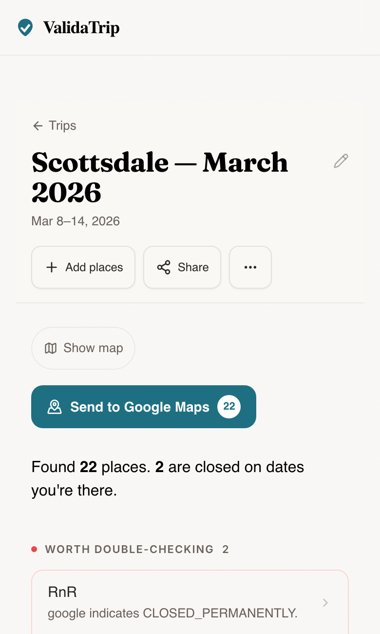 Tripnostic review screen showing closure flags for places that are not open during the trip dates.
